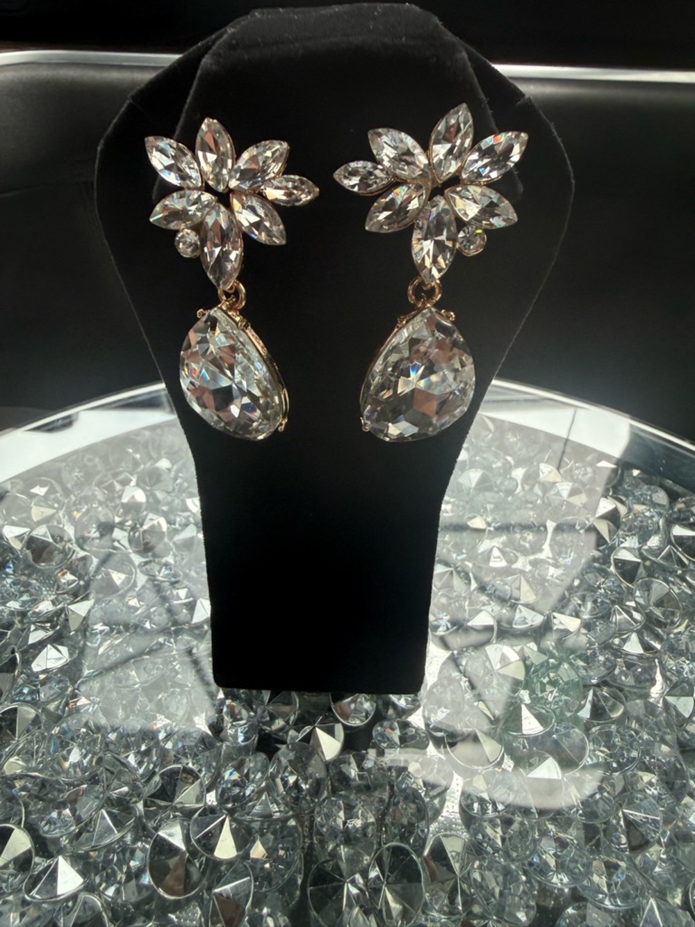 Crystal Bridal Drop Earrings Wedding Statement Teardrop Dangle Gold Tone Formal